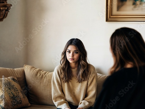 young adolescent female with mental health problems in consultation with a psychologist doing cognitive-behavioral therapy