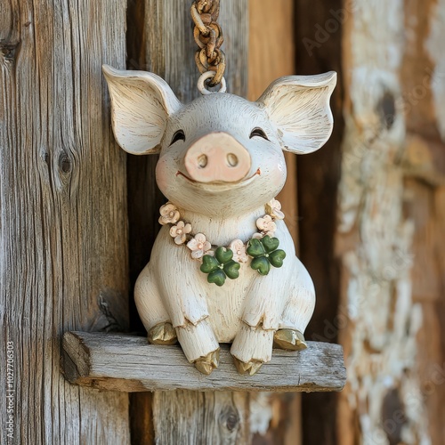 Smiling pig hanging on a rope with a four-leaf clover necklace on a wooden background