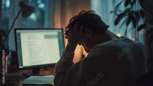 Young man is holding his head with his hands, trying to relieve a strong headache or anxiety, while working late in the evening in his home office