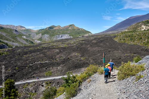 hiking in front of an ancient basaltic and andesitic-basaltic lava flow from Antuco volcano