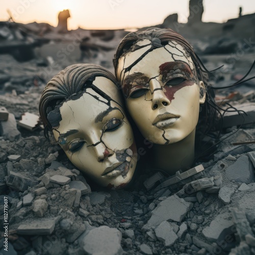 two masks are sitting in the rubble of a destroyed building