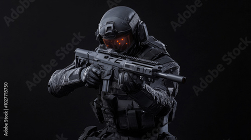 Create a panoramic image of a soldier equipped with a silencer weapon, dressed in a uniform that conforms to the Tactical Units of Police. The shot should be taken in a studio and isolated against a b