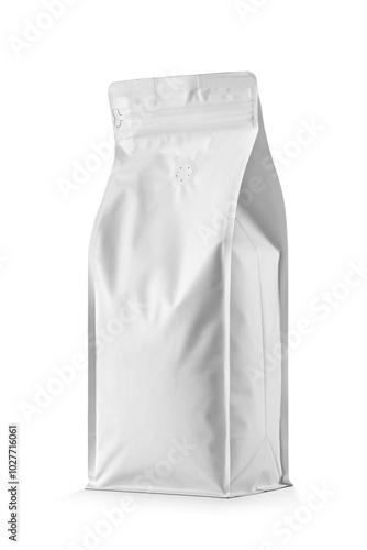 Blank white aluminum foil pouch bag with one-way air valve for coffee packaging isolated. Transparent PNG image.