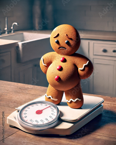  A gingerbread man with a sad expression standing on a scale, symbolizing weight gain during the holiday season. The warm kitchen setting adds to the cozy yet humorous concept, ideal for health or hol