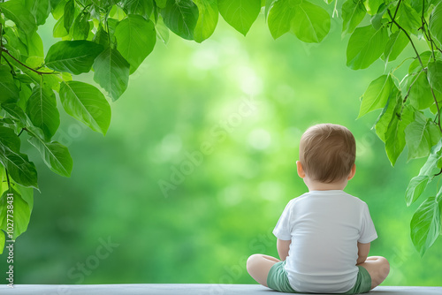 A young child sitting quietly under green foliage in a serene natural setting