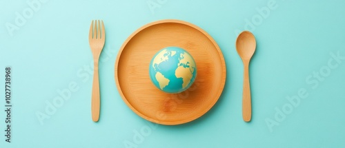 Miniature earth on a plate with wooden fork and spoon on turquoise background