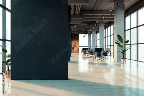 Modern office interior with furniture, panoramic windows with city view, empty mock up place on black wall. 3D Rendering.