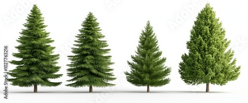 Picea pungens blue green spruce evergreen pinaceae needled tree set of four isolated.