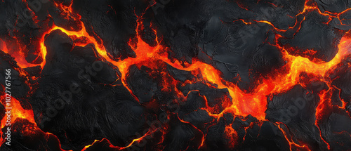 Striking image of molten lava cracks with intense, fiery orange glow against a contrasting black background, showcasing nature's raw and destructive power.