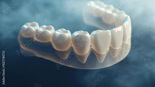 Ilustração renderizada em 3D de duas facetas de epóxi dentárias implantadas no maxilar inferior, em um fundo azul escuro