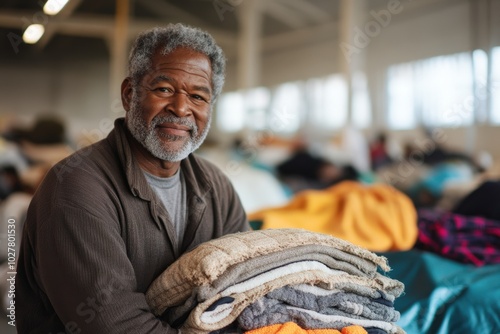 Portrait of a social worker holding a stack of clothes in an emergency shelter for refugees