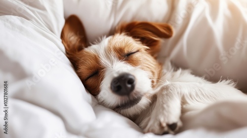 A delightful scene of a small dog nestled gently into white blankets, its expression of contentment and peace in its sleep showcases domestic warmth and security.