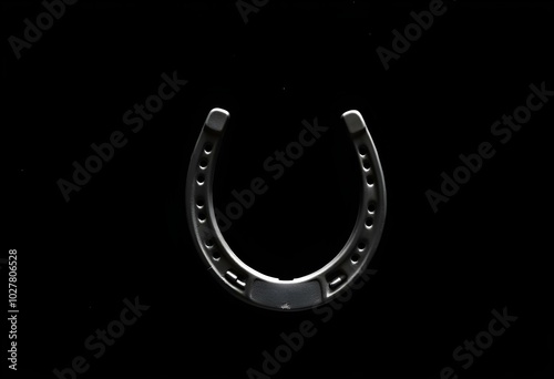 lucky Horseshoe isolated on a black background, with a shiny metallic finish reflecting light, emphasizing its curvature and texture create with ai