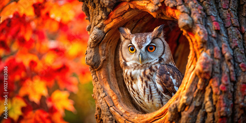 Vibrant close-up of an Eastern screech owl peeking from a tree hollow against a colorful autumn backdrop, perfect for educational use, wildlife magazines, seasonal decor, and nature blogs.