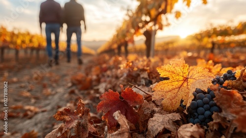 A vibrant vineyard with autumn leaves and ripe grapes captures the essence of a bountiful harvest, with figures strolling amidst rows of vines at sunset.