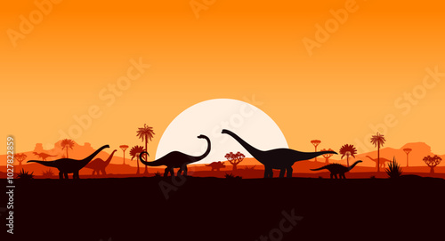 Dinosaurs silhouettes on sunset landscape with prehistoric palm trees, hills and plants. Vector serene background with sauropod dino shadows roaming peacefully in front of large sun in orange dusk sky