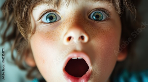 A child with freckles exhibits a surprised expression with an open mouth and wide blue eyes, encapsulating a moment of wonder and curiosity in vivid detail.