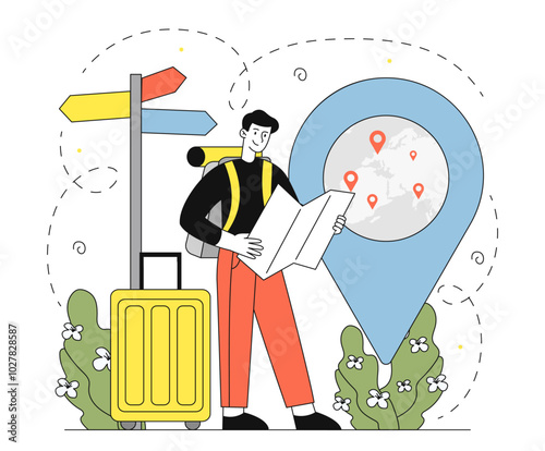 Man planning trip. Young guy with map in hands. Travel, holiday and vacation. Tourist prepare to journey, choose direction. Linear vector illustration