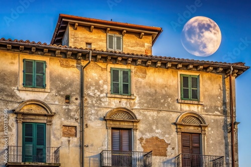 old-fashioned, night, Italian architecture, culture, heritage, fa?ade, design, beauty, Italian, Characteristic and ancient facade of a building in Aversa with moon at a tilted angle