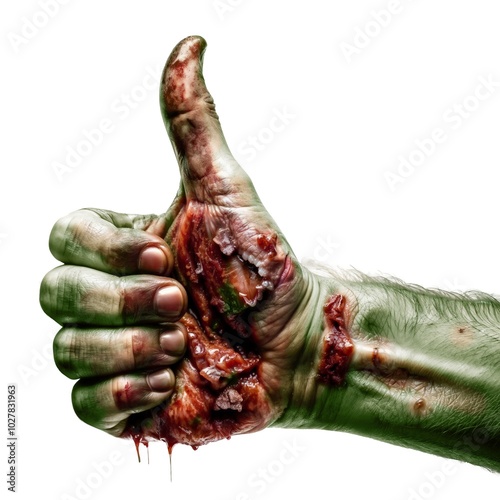 zombie hand making gesture of like or approval. Halloween hand, isolated white background.