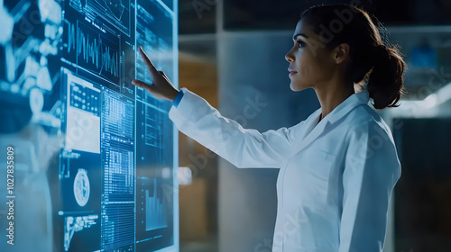 A female scientist leading a research team in a high-tech lab standing by a digital display and explaining complex data to her colleagues.