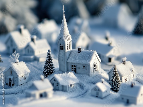 Église blanche dans un village enneigé sous un ciel d'hiver