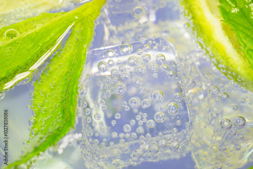 A lime wedge is on a plate with ice cubes and mint leaves