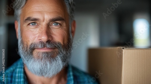 A man with a gray beard and blue eyes smiles warmly while standing next to a cardboard box at home, highlighting a personal delivery moment filled with happiness