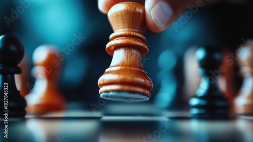 A close-up view of a chess pawn being moved during an intense game, with a hand firmly grasping it, surrounded by pieces on a blurred board for dramatic effect.