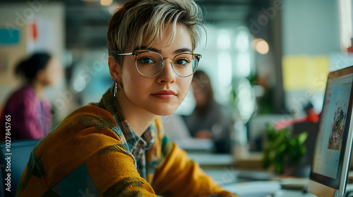 A genderqueer employee using adaptive technology to work on a graphic design project in an inclusive office space surrounded by supportive coworkers engaged in their tasks.