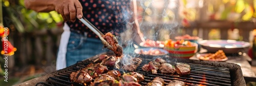 A Hispanic man is expertly grilling an assortment of flavorful meats outdoors, surrounded by lush greenery and colorful plates of food, enjoying a sunny afternoon with loved ones