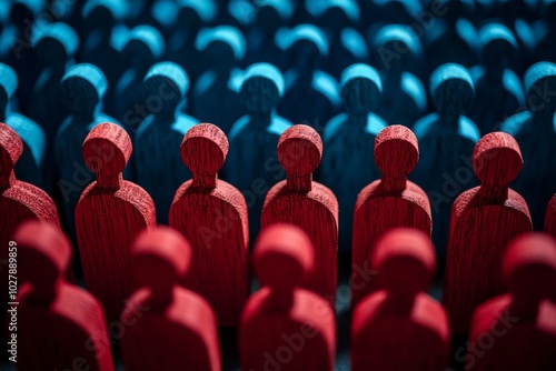 Wooden figures painted in red and blue representing the political divide in U.S. elections, with a focus on the contrast between Democrats and Republicans. The image symbolizes political competition a