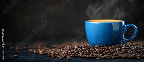 A Blue Cup of Coffee with Beans on a Dark Background, Suitable for a Banner Design Generative AI