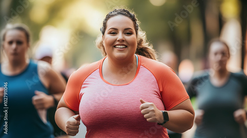 A plus-size woman participating in a charity marathon running confidently with determination surrounded by other athletes.