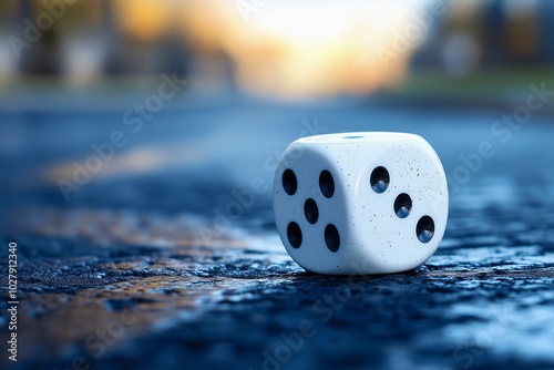 Close-up of a single white die resting on a wet surface, with a blurred background. Concept of chance, risk, and decision-making in life