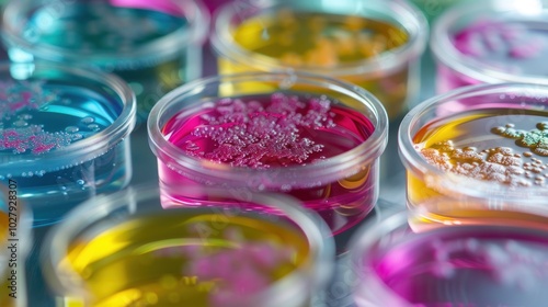 Various Petri dishes filled with vibrant microbial cultures are organized in a laboratory setting showcasing the results of experimental research in microbiology