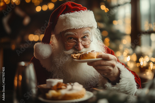 Santa Claus in Christmas holidays having breakfast