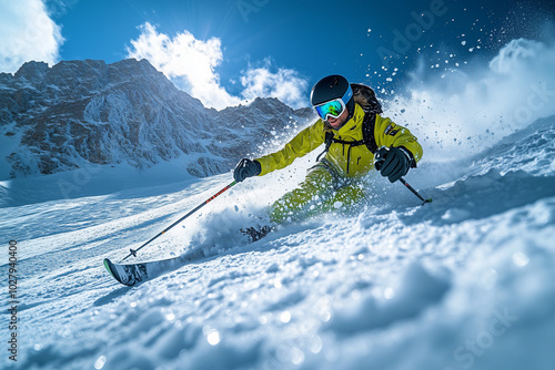 Sur une pente hors piste, un snowboarder s'élance dans la poudreuse fraîche, réalisant un saut audacieux, tandis que des skieurs profitent de l'hiver.