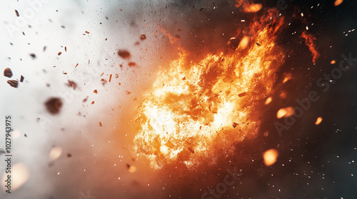 A large explosion is depicted in the image, with a lot of debris and smoke. Scene is intense and chaotic, as the explosion has caused a lot of destruction. The idea of the image is to show the power