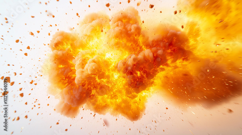 A large explosion is depicted in the image, with a lot of debris and smoke. Scene is intense and chaotic, as the explosion has caused a lot of destruction. The idea of the image is to show the power