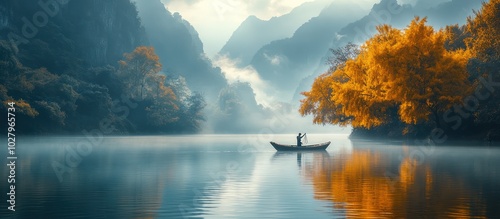 A lone boatman rows across a serene lake, surrounded by misty mo