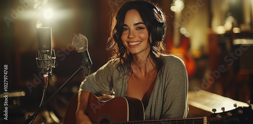 A beautiful dark-haired woman happily playing acoustic guitar in a recording studio with headphones and microphone.