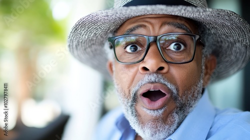 A man looks surprised while wearing glasses and a straw hat, against a blurred outdoor background, conveying unpredictability and astonishment.