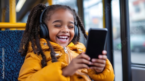 A smiling young girl with headphones, enjoying her smartphone on the bus. The image captures a moment of digital engagement and youthful happiness in transit.