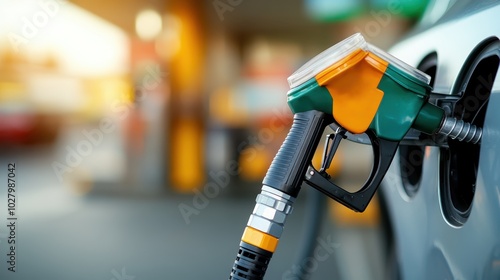 A vehicle at a gas station is shown being fueled by a brightly colored modern nozzle, highlighting energy consumption and urban life with a blurred background.