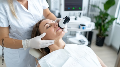 A relaxed woman enjoys a facial treatment as a professional clinician uses advanced equipment in a bright and modern skincare clinic setting.