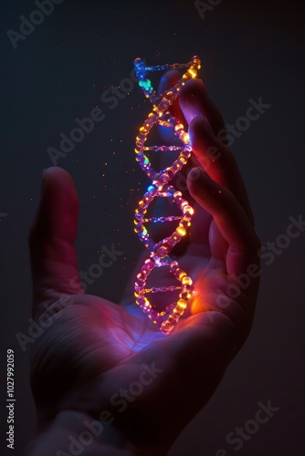 Glowing DNA strand floating above hand