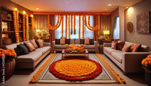 festively decorated living room with marigold garlands and rangoli for diwali celebration