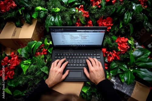 A person shopping online for Cyber Monday, surrounded by packages and boxes from the previous weekâ€™s deals, typing quickly to secure the best prices