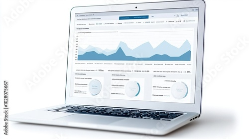 Laptop displaying analytical data and graphs, white isolate background